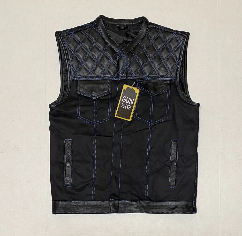 Mens Black 42 Club Vest Quilted Diamond Blue Stitching Denim Black Leather